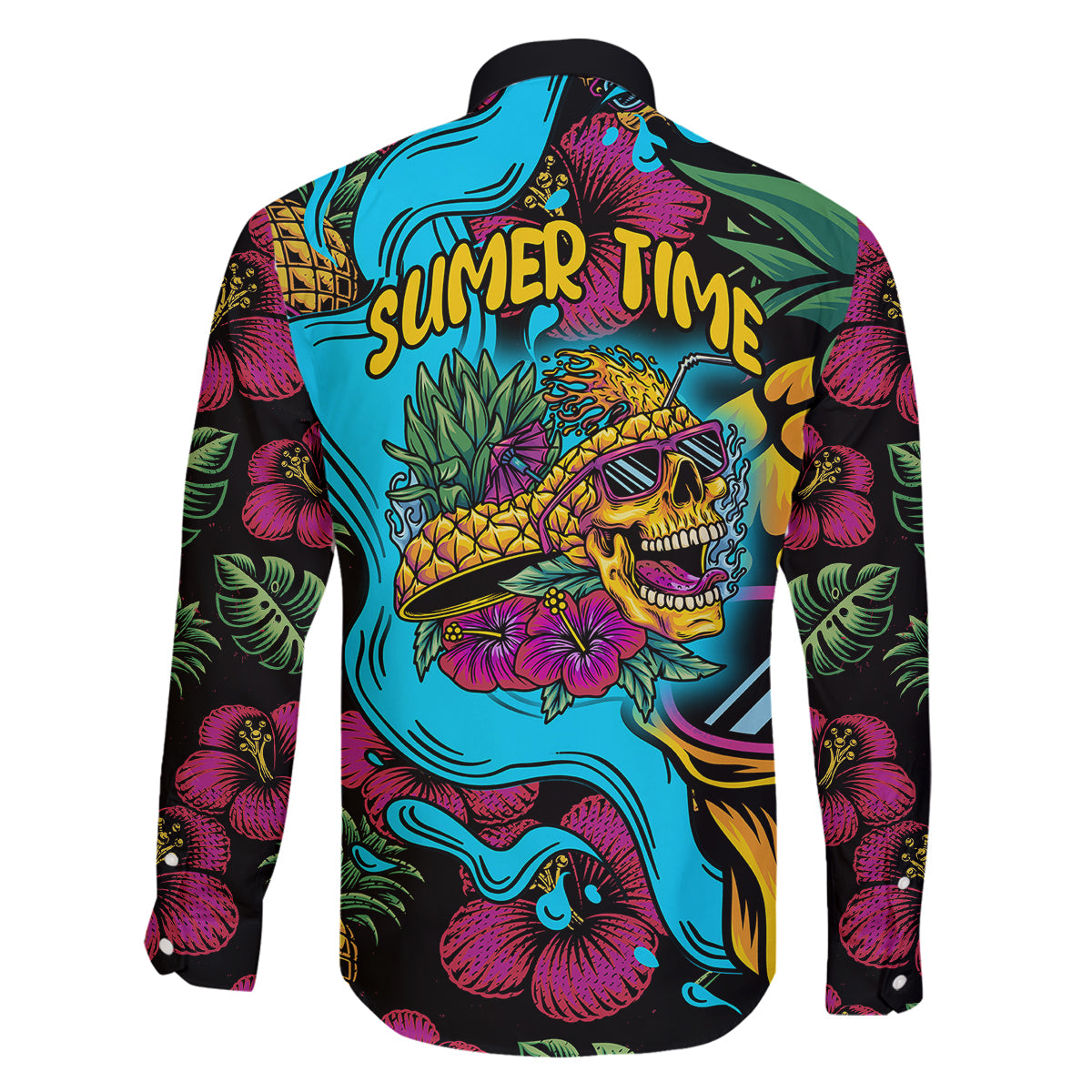 Pineapple Skull Family Matching Off Shoulder Long Sleeve Dress and Hawaiian Shirt Sumer Time - Wonder Print Shop