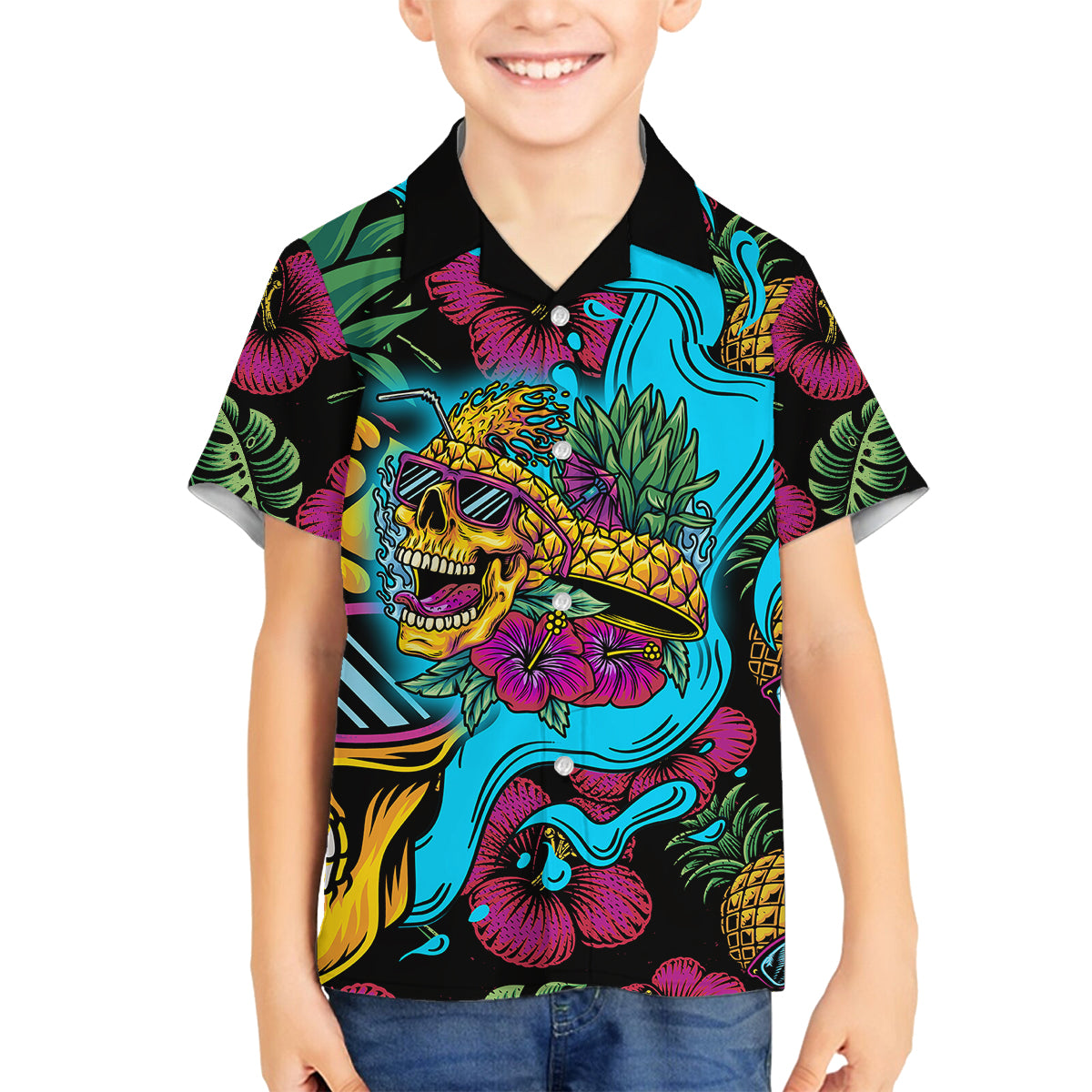 Pineapple Skull Family Matching Off Shoulder Long Sleeve Dress and Hawaiian Shirt Sumer Time - Wonder Print Shop