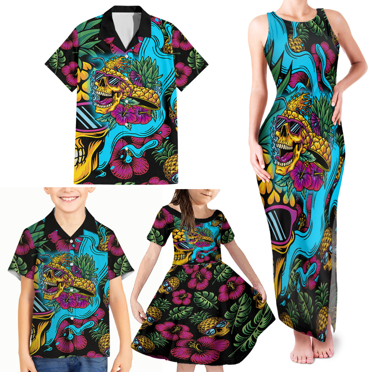 Pineapple Skull Family Matching Tank Maxi Dress and Hawaiian Shirt Sumer Time - Wonder Print Shop
