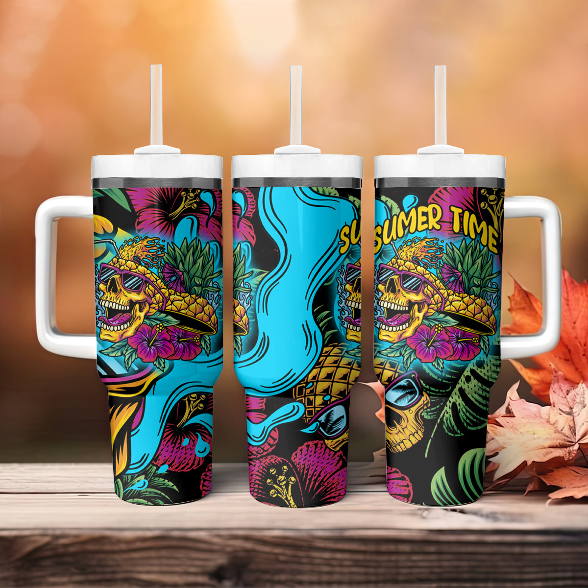 Pineapple Skull Tumbler With Handle Sumer Time - Wonder Print Shop