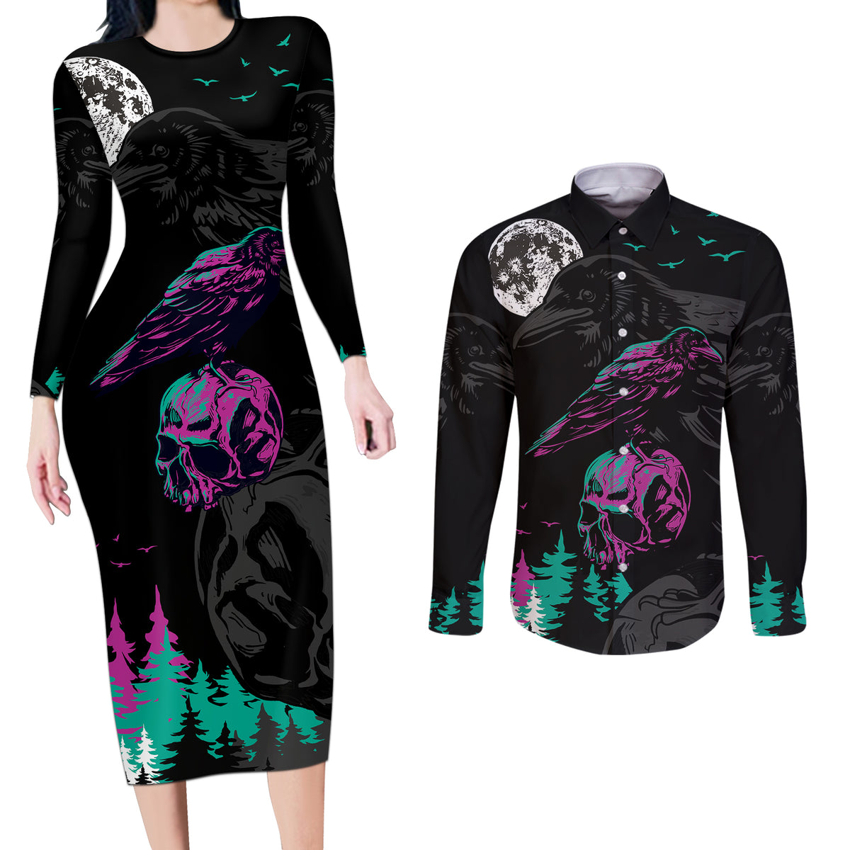 Crow Skull Couples Matching Long Sleeve Bodycon Dress and Long Sleeve Button Shirts My Mascot Is The A Crow - Wonder Print Shop