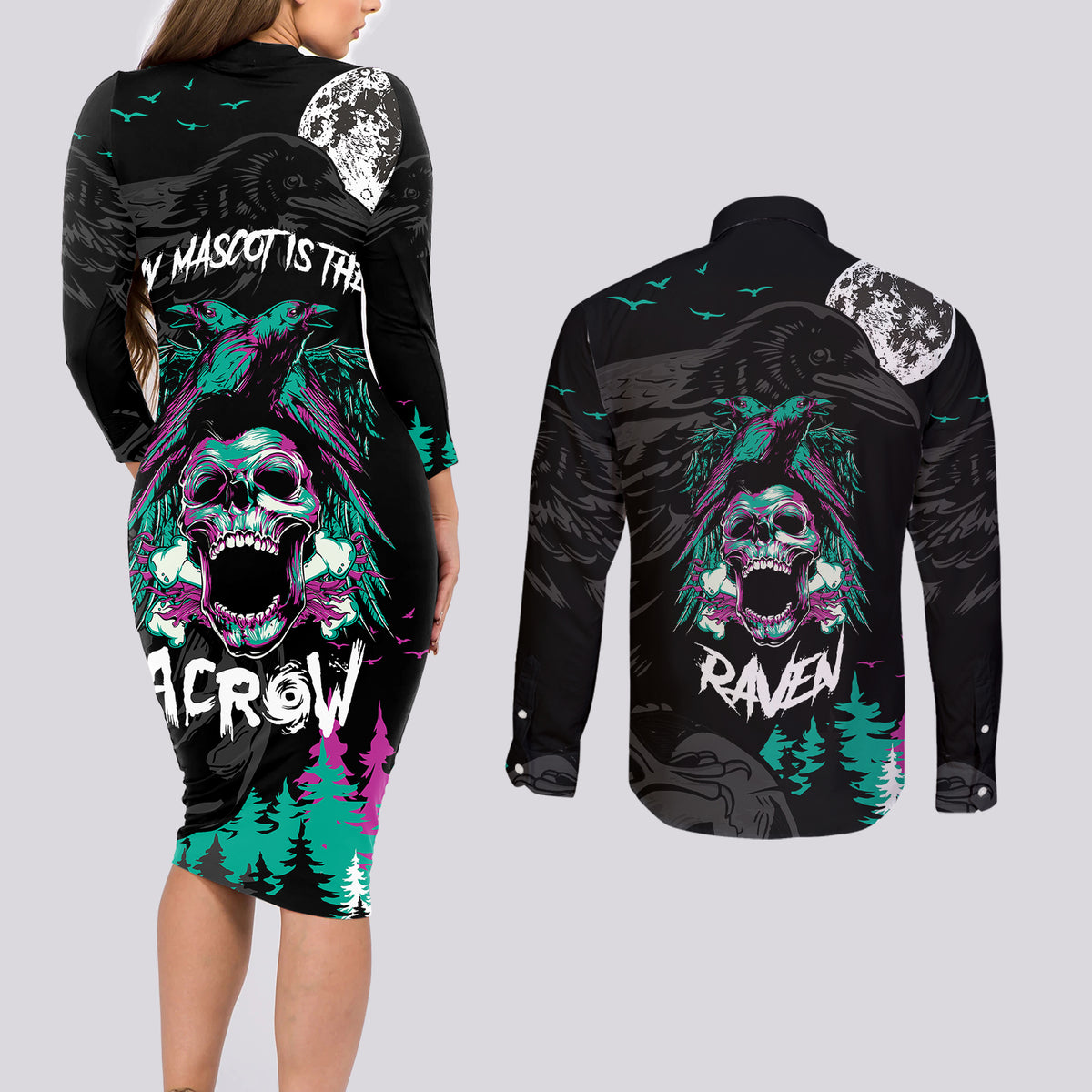 Crow Skull Couples Matching Long Sleeve Bodycon Dress and Long Sleeve Button Shirts My Mascot Is The A Crow - Wonder Print Shop