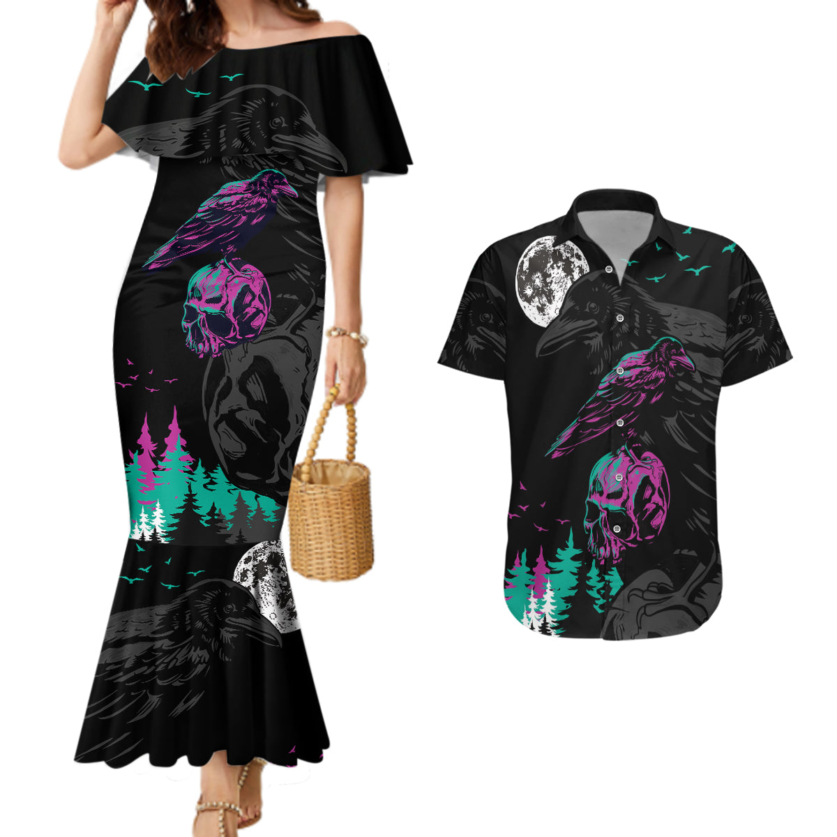 Crow Skull Couples Matching Mermaid Dress and Hawaiian Shirt My Mascot Is The A Crow - Wonder Print Shop