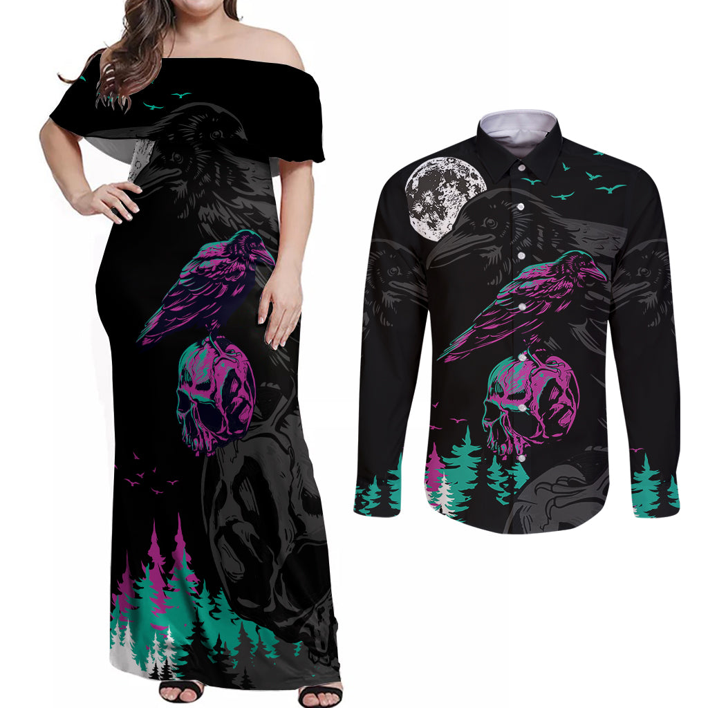 Crow Skull Couples Matching Off Shoulder Maxi Dress and Long Sleeve Button Shirts My Mascot Is The A Crow - Wonder Print Shop