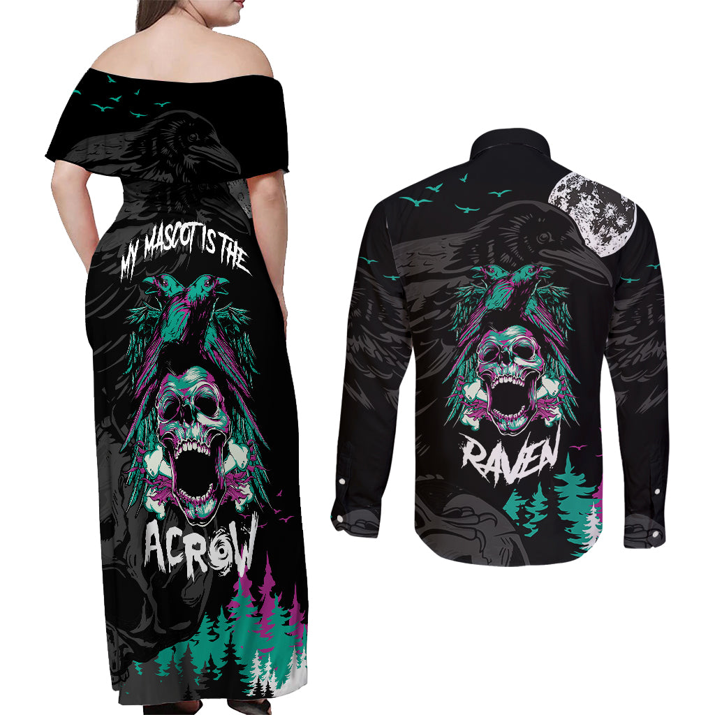 Crow Skull Couples Matching Off Shoulder Maxi Dress and Long Sleeve Button Shirts My Mascot Is The A Crow - Wonder Print Shop