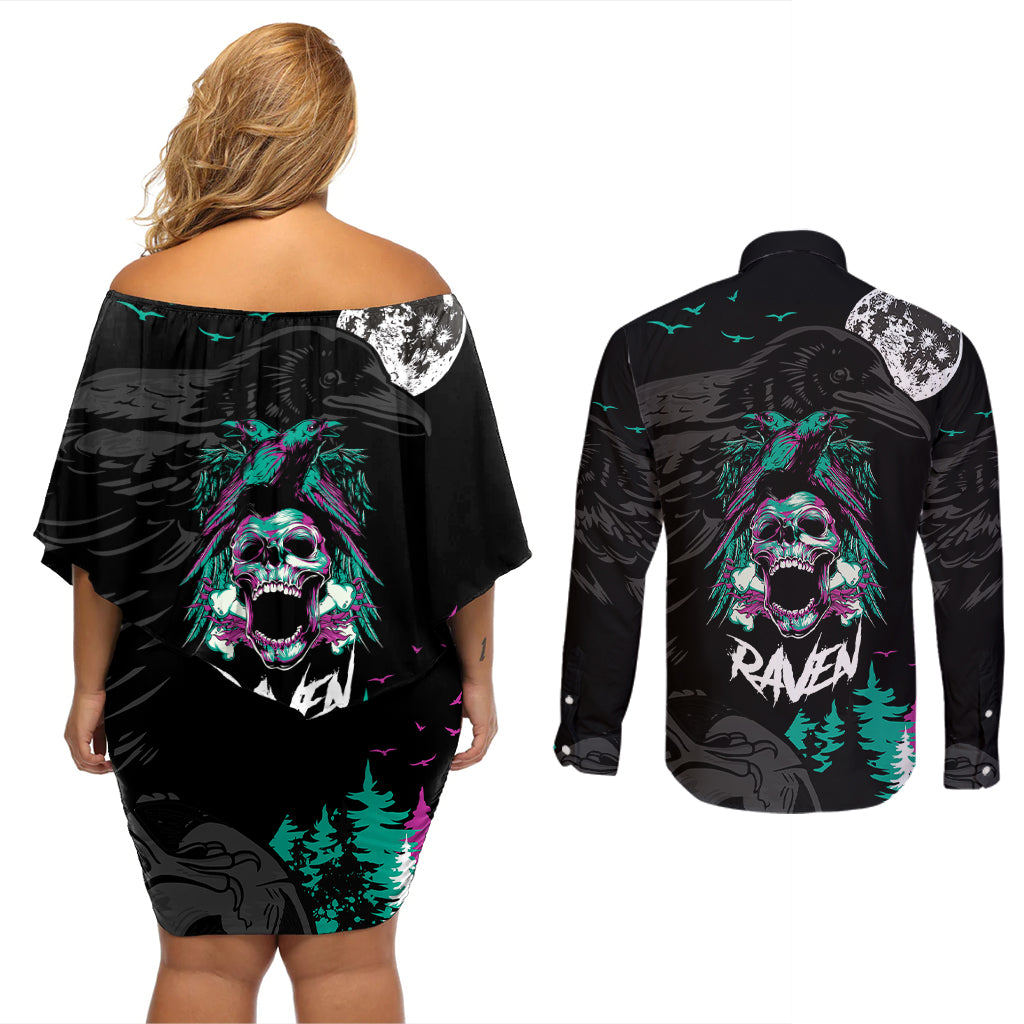 Crow Skull Couples Matching Off Shoulder Short Dress and Long Sleeve Button Shirts My Mascot Is The A Crow - Wonder Print Shop