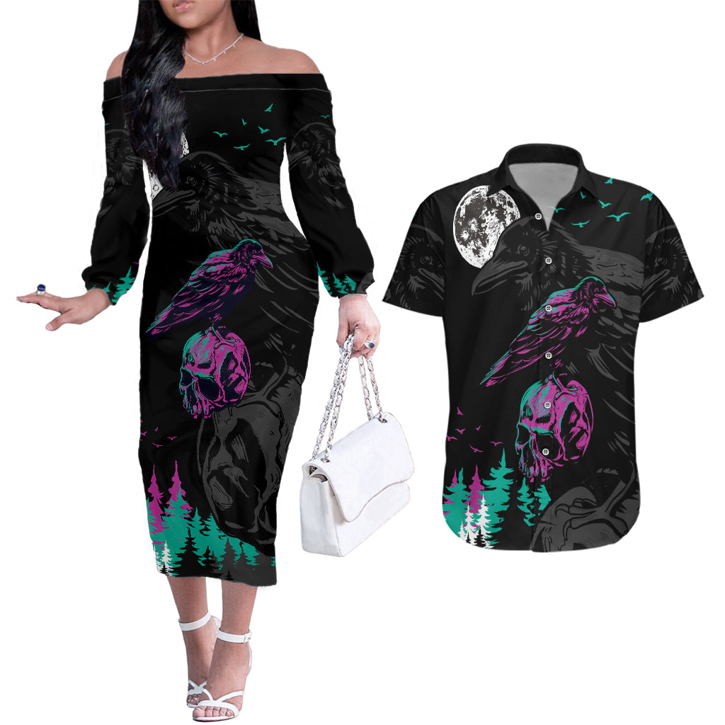 Crow Skull Couples Matching Off The Shoulder Long Sleeve Dress and Hawaiian Shirt My Mascot Is The A Crow - Wonder Print Shop