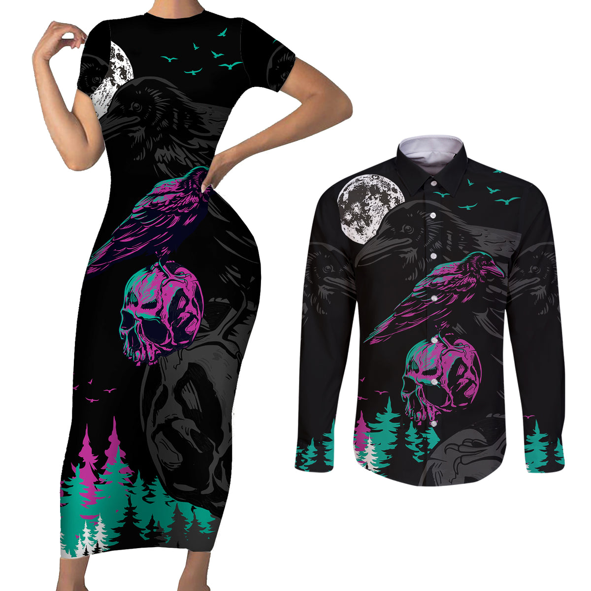 Crow Skull Couples Matching Short Sleeve Bodycon Dress and Long Sleeve Button Shirts My Mascot Is The A Crow - Wonder Print Shop