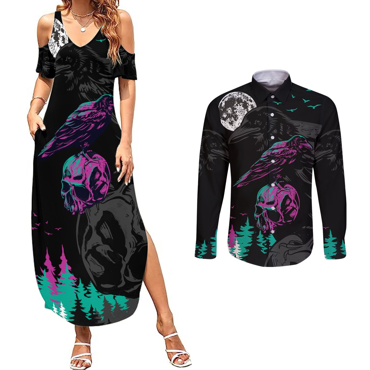 Crow Skull Couples Matching Summer Maxi Dress and Long Sleeve Button Shirts My Mascot Is The A Crow - Wonder Print Shop
