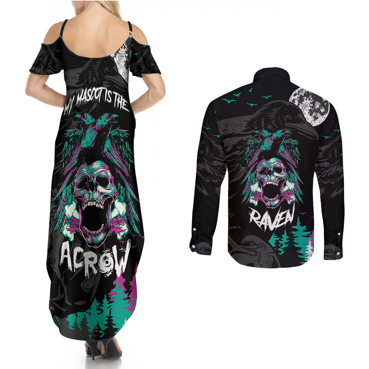 Crow Skull Couples Matching Summer Maxi Dress and Long Sleeve Button Shirts My Mascot Is The A Crow - Wonder Print Shop