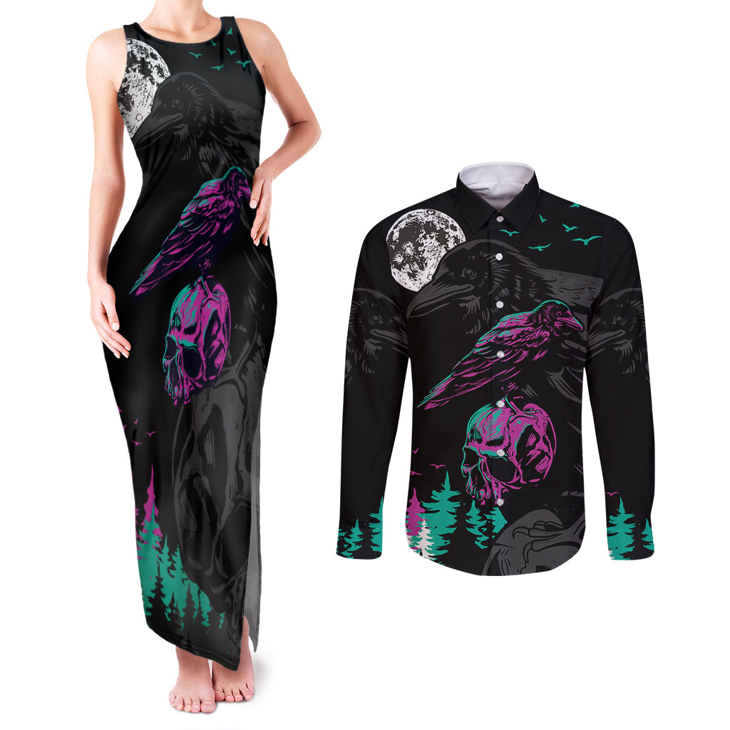 Crow Skull Couples Matching Tank Maxi Dress and Long Sleeve Button Shirts My Mascot Is The A Crow - Wonder Print Shop
