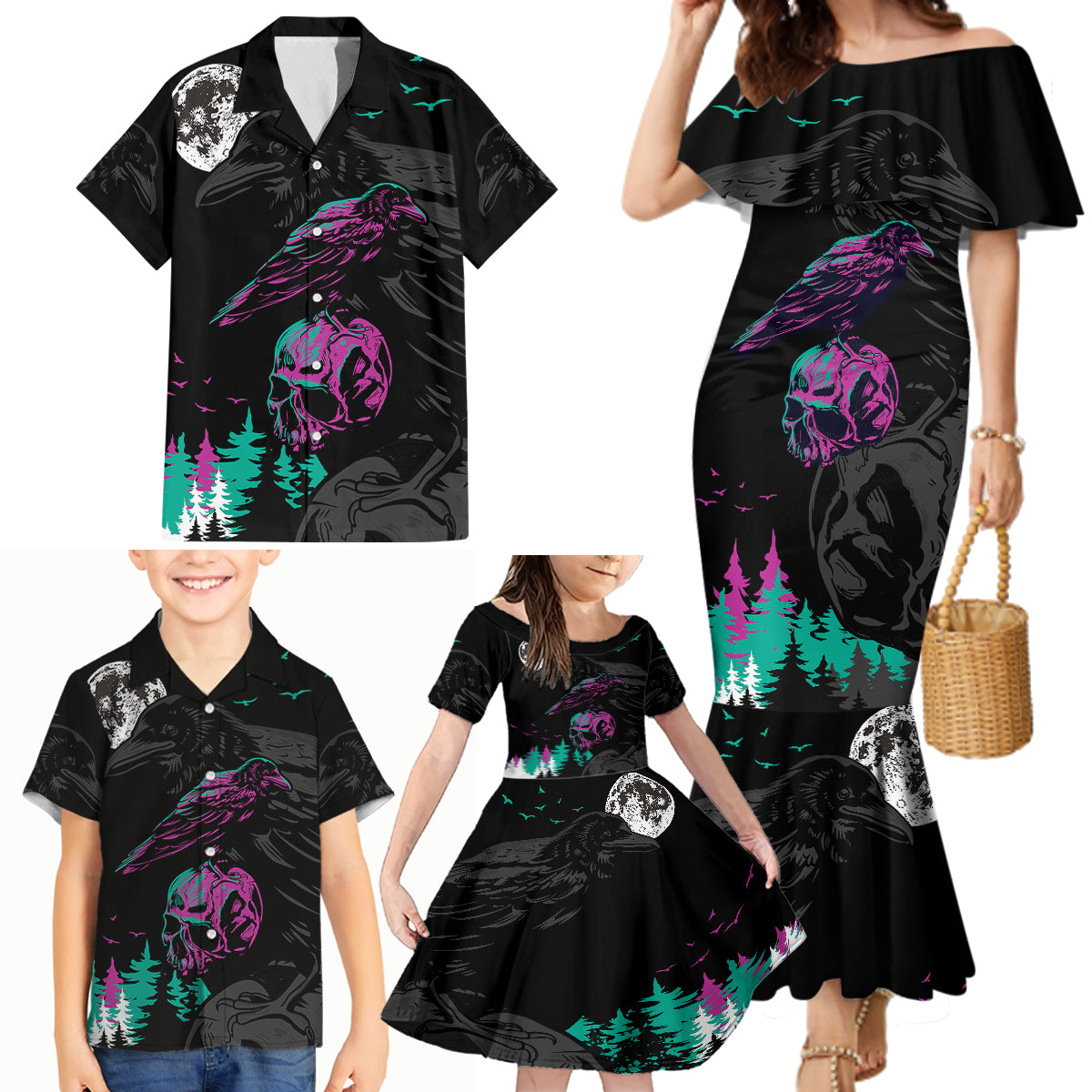 Crow Skull Family Matching Mermaid Dress and Hawaiian Shirt My Mascot Is The A Crow - Wonder Print Shop