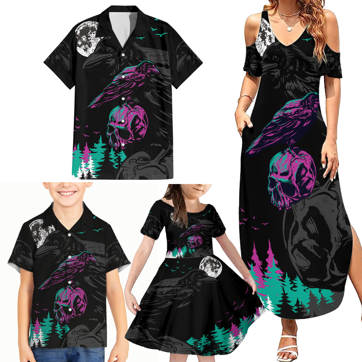 Crow Skull Family Matching Summer Maxi Dress and Hawaiian Shirt My Mascot Is The A Crow - Wonder Print Shop
