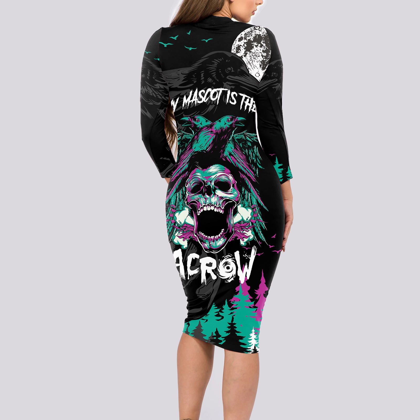 Crow Skull Long Sleeve Bodycon Dress My Mascot Is The A Crow - Wonder Print Shop