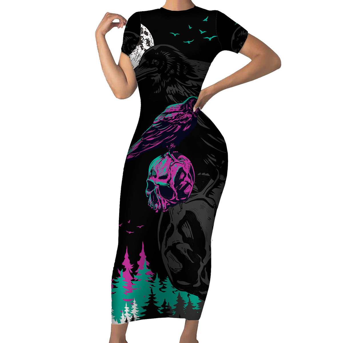 Crow Skull Short Sleeve Bodycon Dress My Mascot Is The A Crow - Wonder Print Shop
