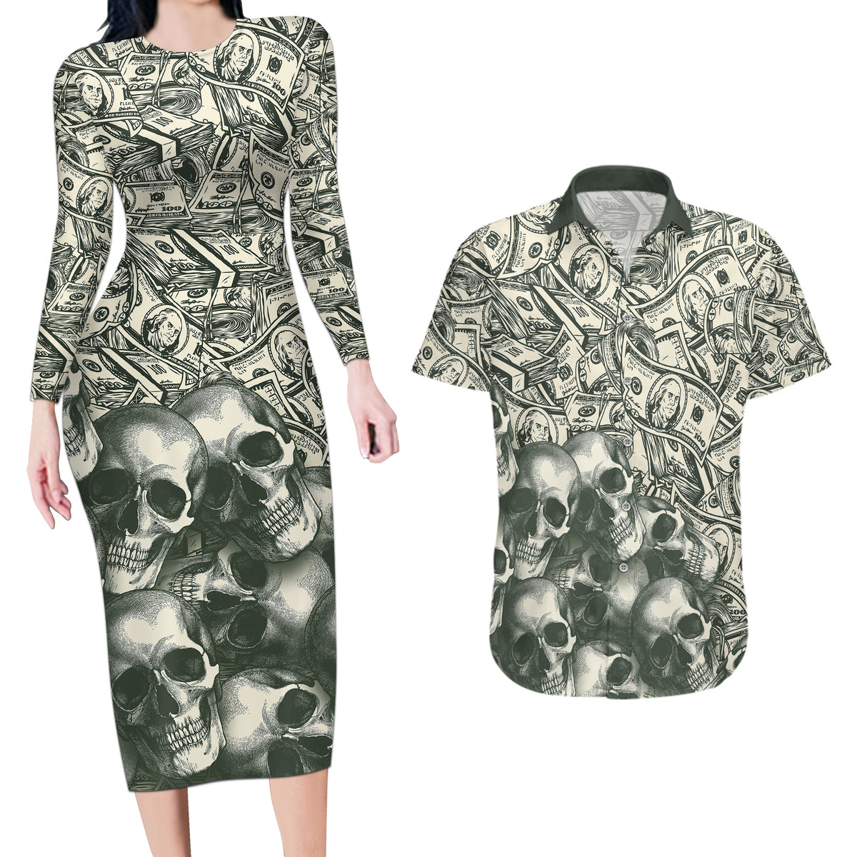 Skull Money Couples Matching Long Sleeve Bodycon Dress and Hawaiian Shirt The Money You Make Is A Symbol - Wonder Print Shop