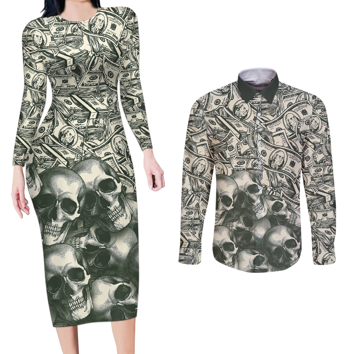Skull Money Couples Matching Long Sleeve Bodycon Dress and Long Sleeve Button Shirts The Money You Make Is A Symbol - Wonder Print Shop
