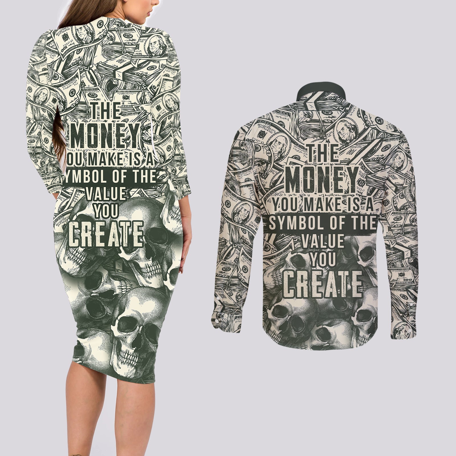 Skull Money Couples Matching Long Sleeve Bodycon Dress and Long Sleeve Button Shirts The Money You Make Is A Symbol - Wonder Print Shop