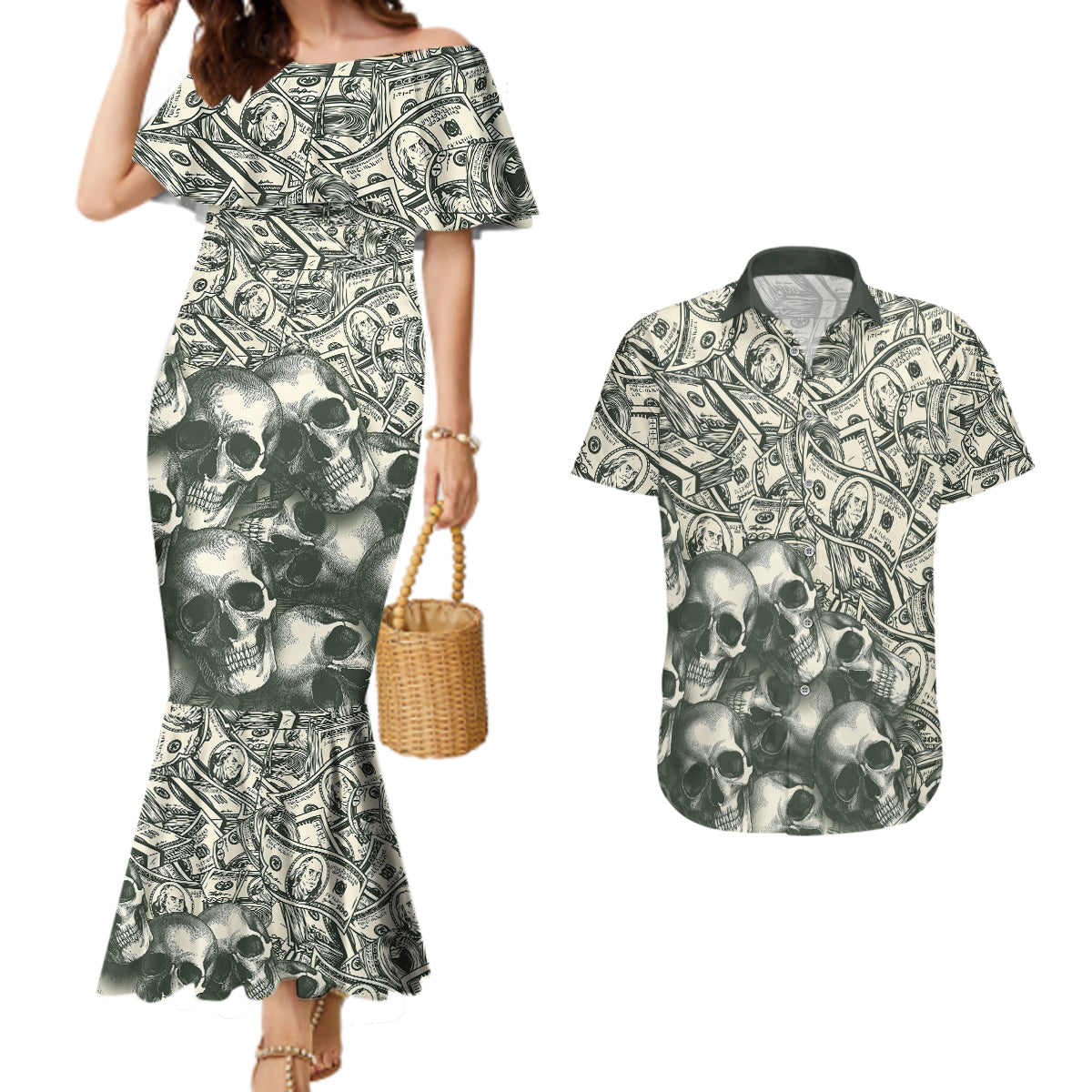 Skull Money Couples Matching Mermaid Dress and Hawaiian Shirt The Money You Make Is A Symbol - Wonder Print Shop
