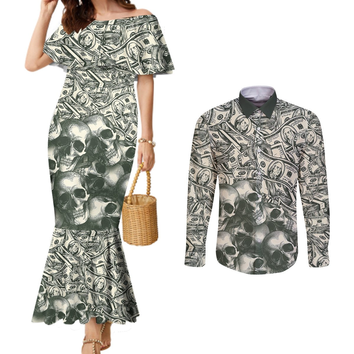 skull-money-couples-matching-mermaid-dress-and-long-sleeve-button-shirts-the-money-you-make-is-a-symbol