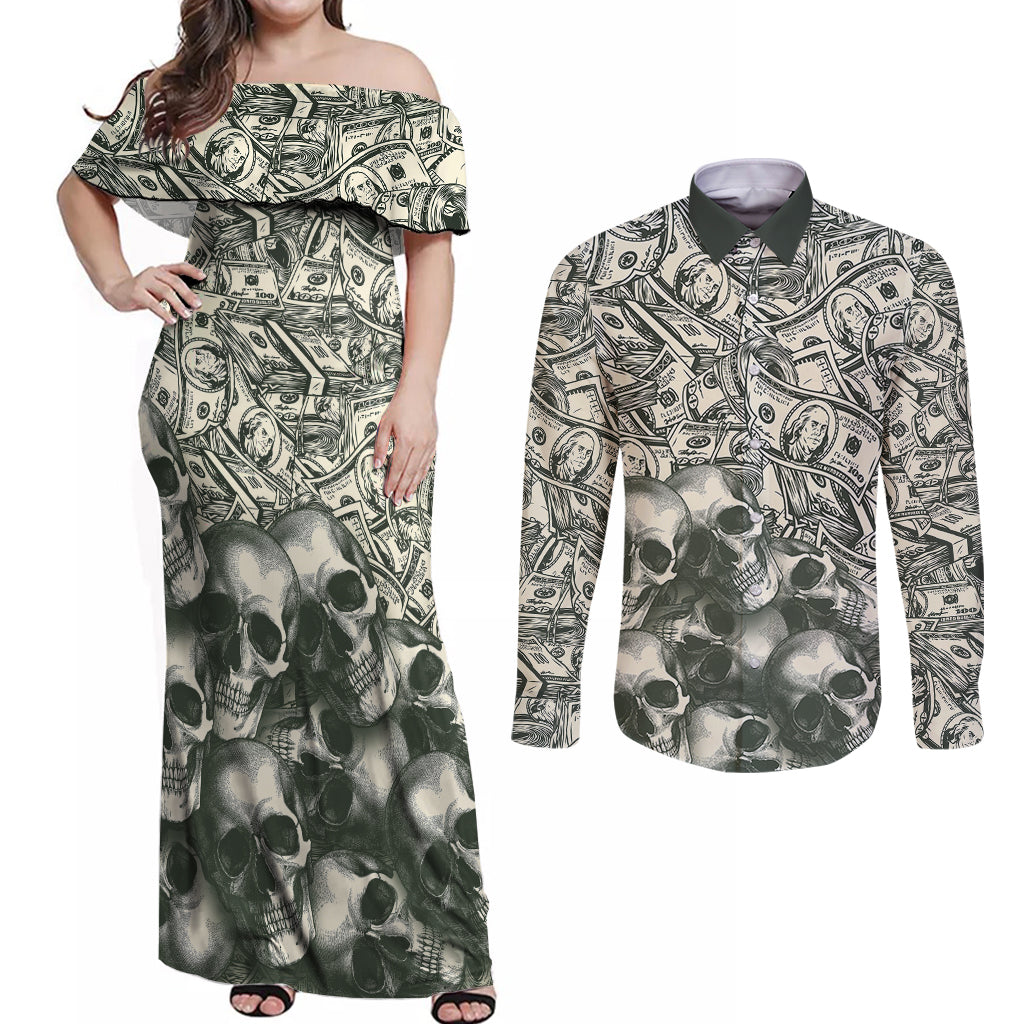 Skull Money Couples Matching Off Shoulder Maxi Dress and Long Sleeve Button Shirts The Money You Make Is A Symbol - Wonder Print Shop