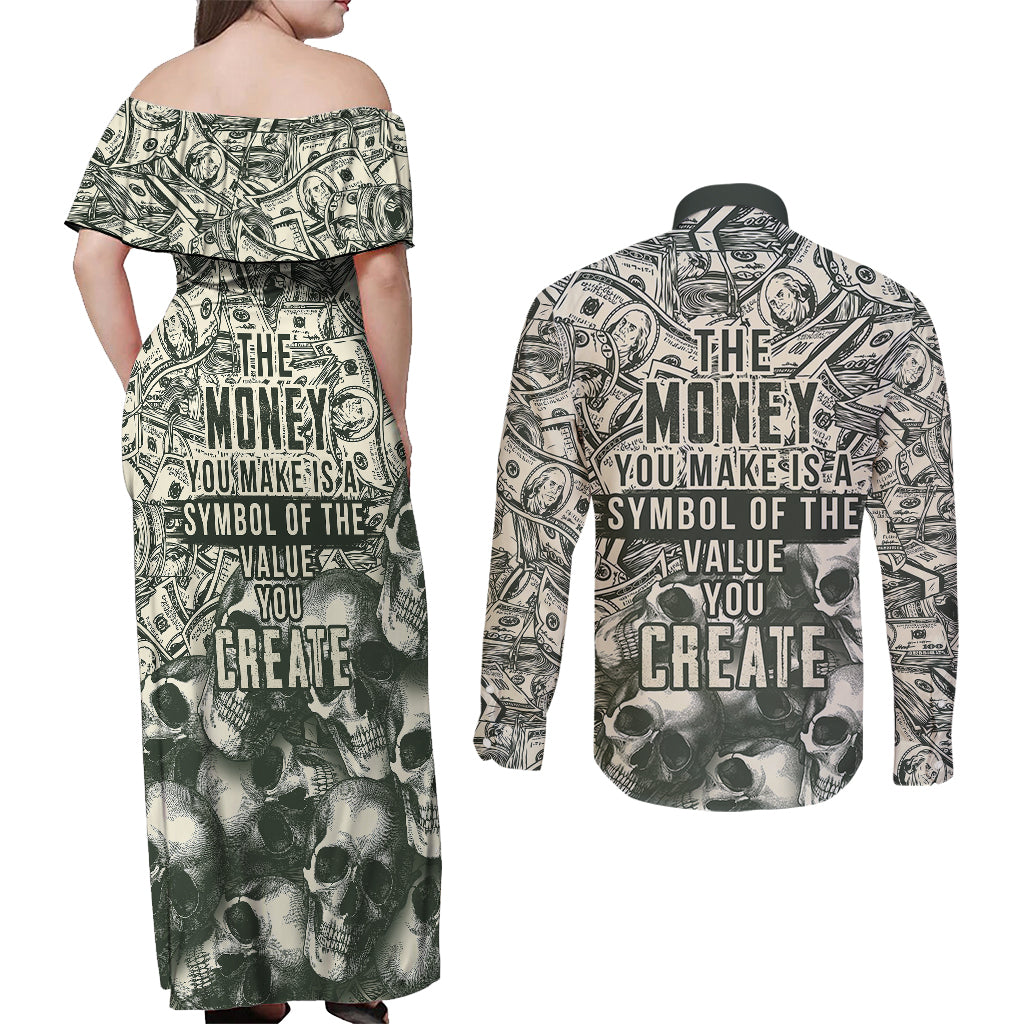 Skull Money Couples Matching Off Shoulder Maxi Dress and Long Sleeve Button Shirts The Money You Make Is A Symbol - Wonder Print Shop