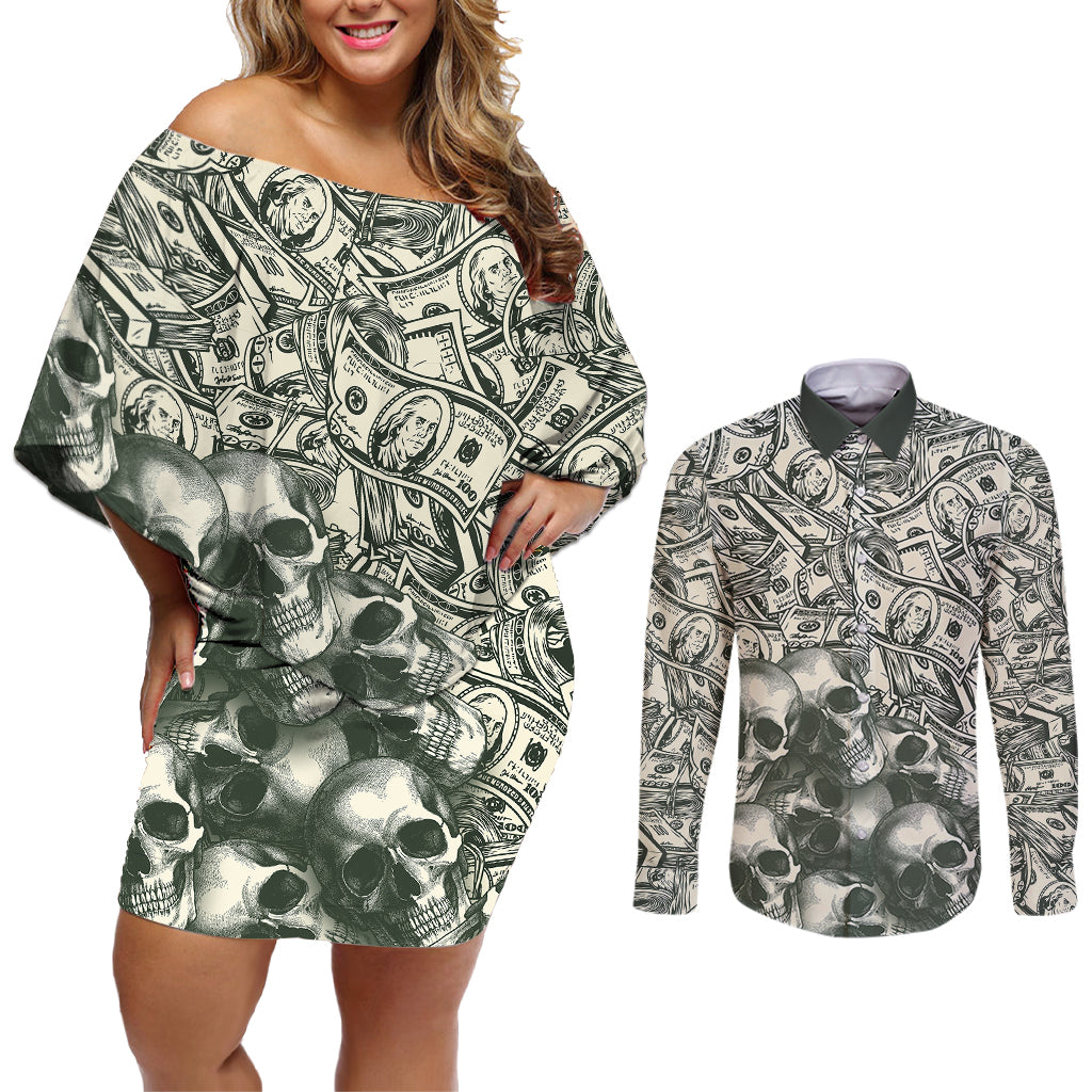 Skull Money Couples Matching Off Shoulder Short Dress and Long Sleeve Button Shirts The Money You Make Is A Symbol - Wonder Print Shop