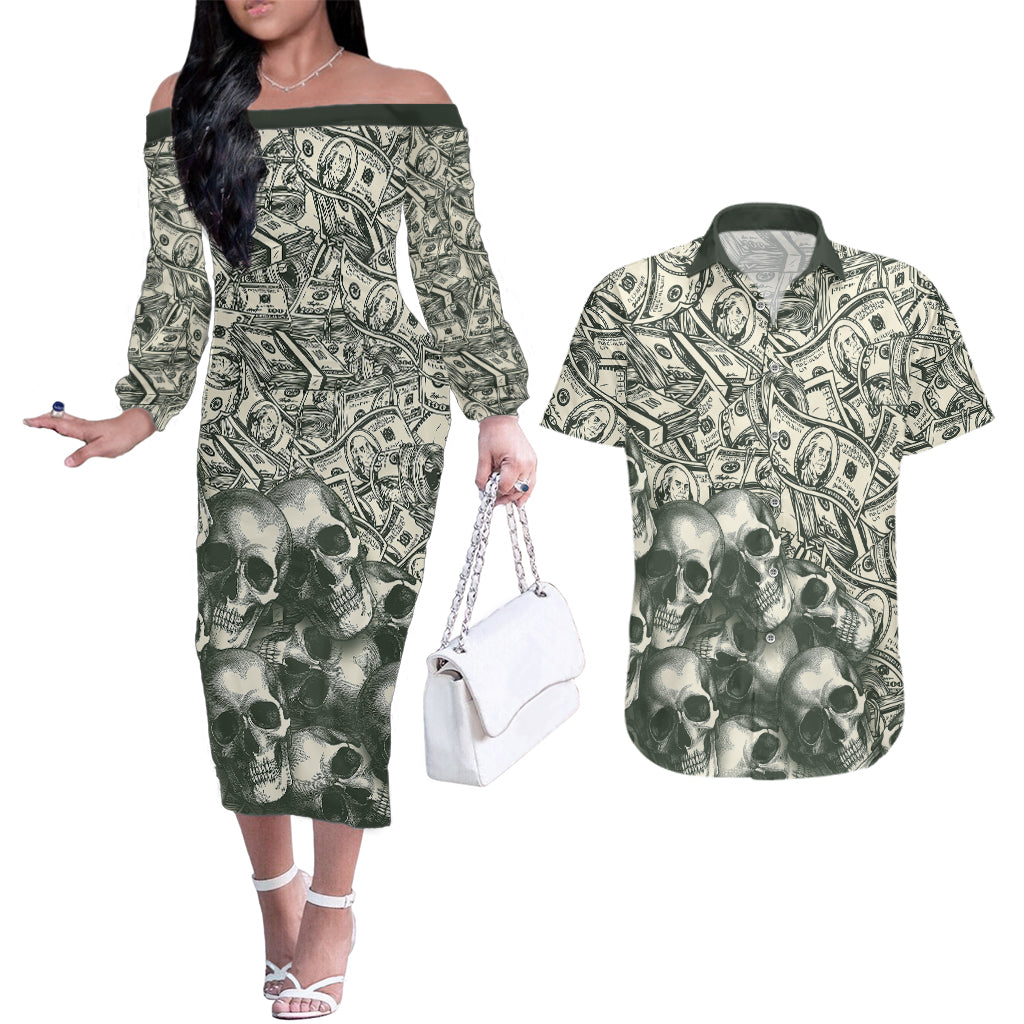 Skull Money Couples Matching Off The Shoulder Long Sleeve Dress and Hawaiian Shirt The Money You Make Is A Symbol - Wonder Print Shop