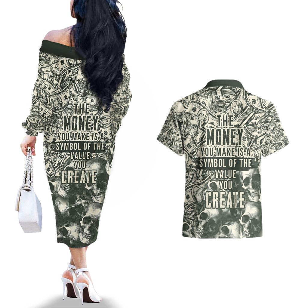 Skull Money Couples Matching Off The Shoulder Long Sleeve Dress and Hawaiian Shirt The Money You Make Is A Symbol - Wonder Print Shop