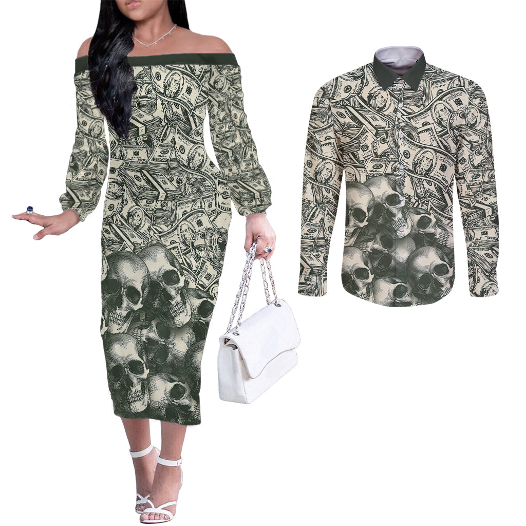 skull-money-couples-matching-off-the-shoulder-long-sleeve-dress-and-long-sleeve-button-shirts-the-money-you-make-is-a-symbol