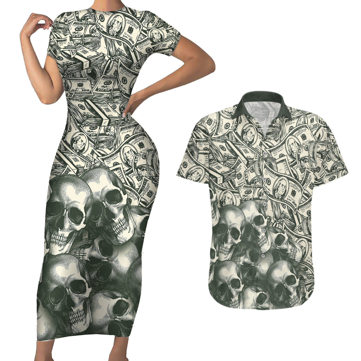 Skull Money Couples Matching Short Sleeve Bodycon Dress and Hawaiian Shirt The Money You Make Is A Symbol - Wonder Print Shop