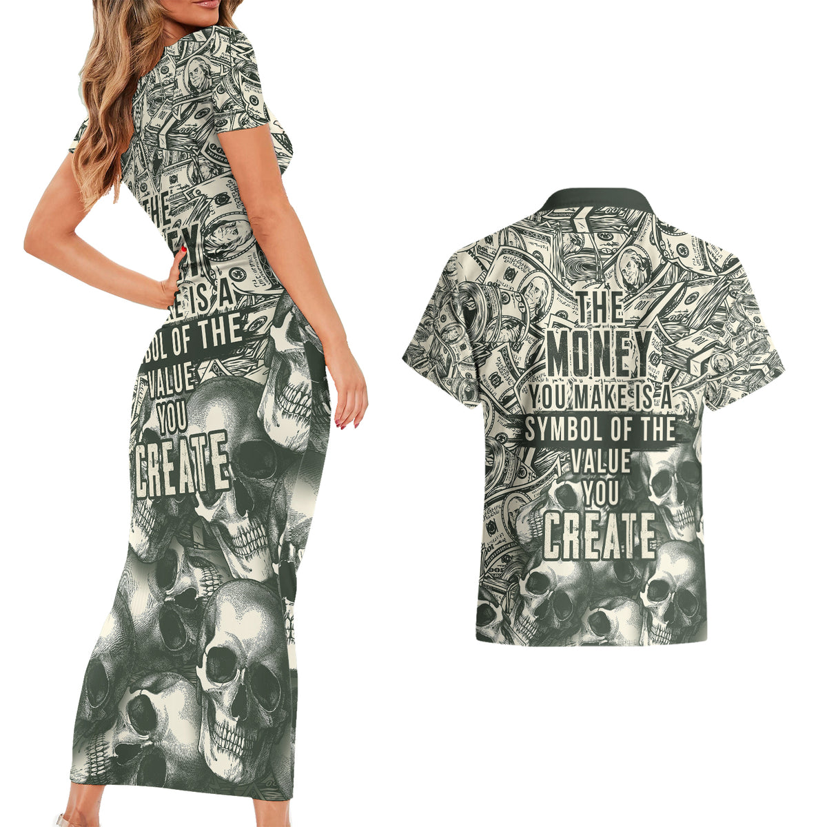 Skull Money Couples Matching Short Sleeve Bodycon Dress and Hawaiian Shirt The Money You Make Is A Symbol - Wonder Print Shop