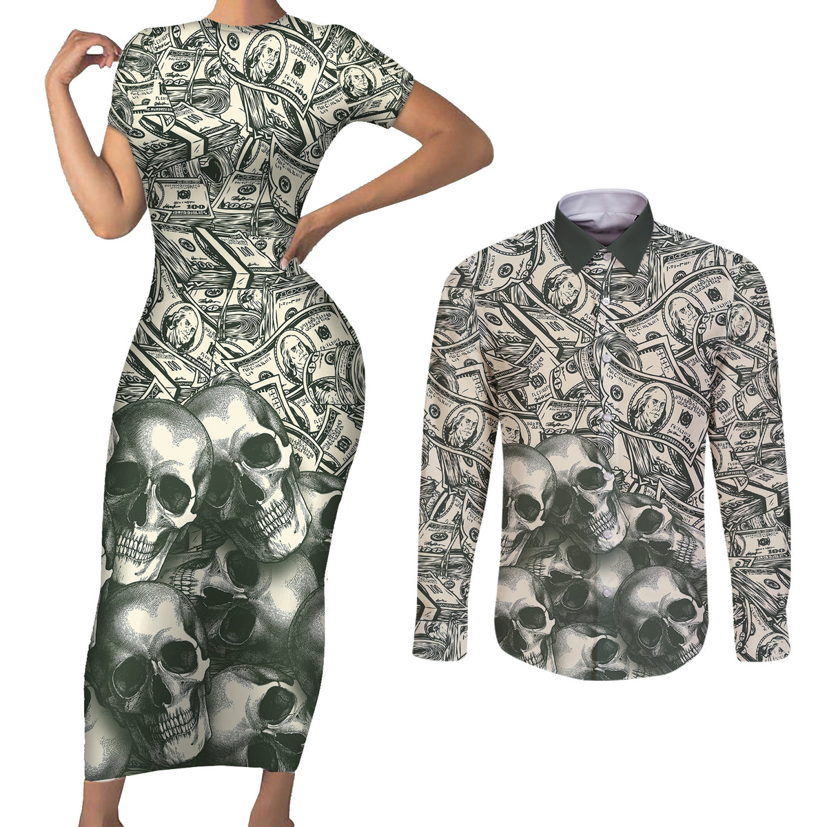 Skull Money Couples Matching Short Sleeve Bodycon Dress and Long Sleeve Button Shirts The Money You Make Is A Symbol - Wonder Print Shop