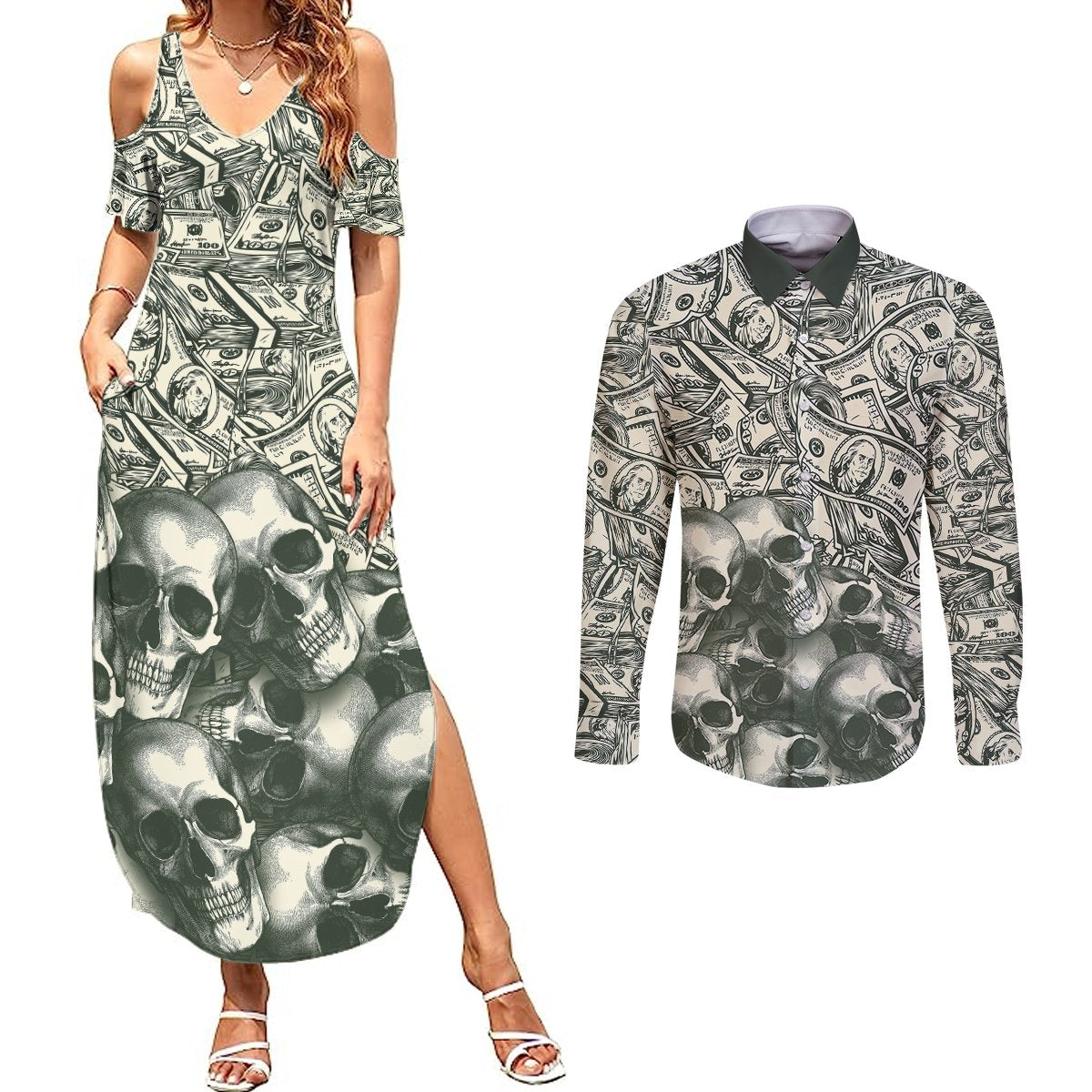 Skull Money Couples Matching Summer Maxi Dress and Long Sleeve Button Shirts The Money You Make Is A Symbol - Wonder Print Shop