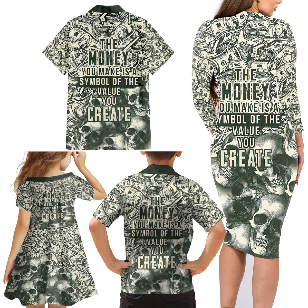 Skull Money Family Matching Long Sleeve Bodycon Dress and Hawaiian Shirt The Money You Make Is A Symbol - Wonder Print Shop
