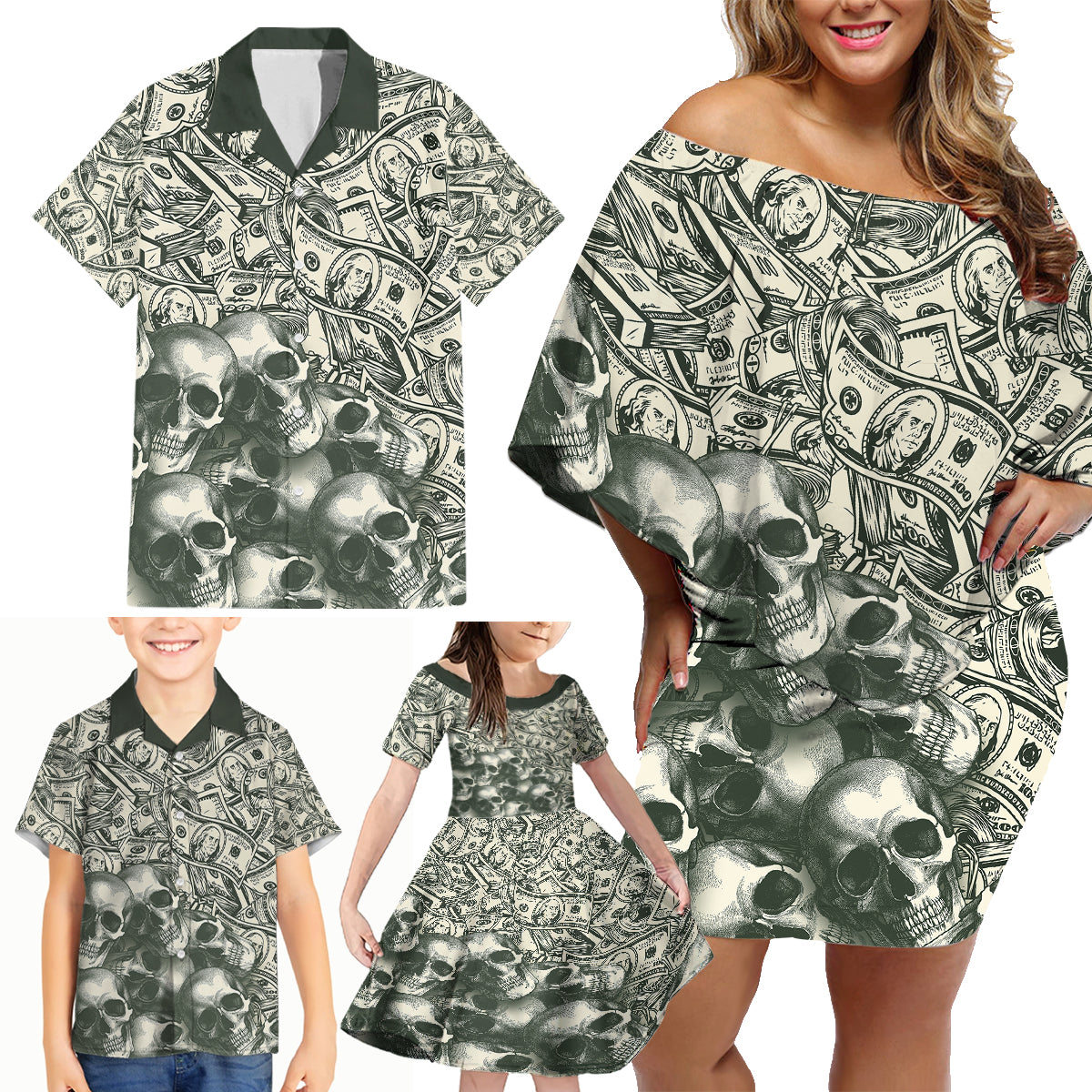 Skull Money Family Matching Off Shoulder Short Dress and Hawaiian Shirt The Money You Make Is A Symbol - Wonder Print Shop