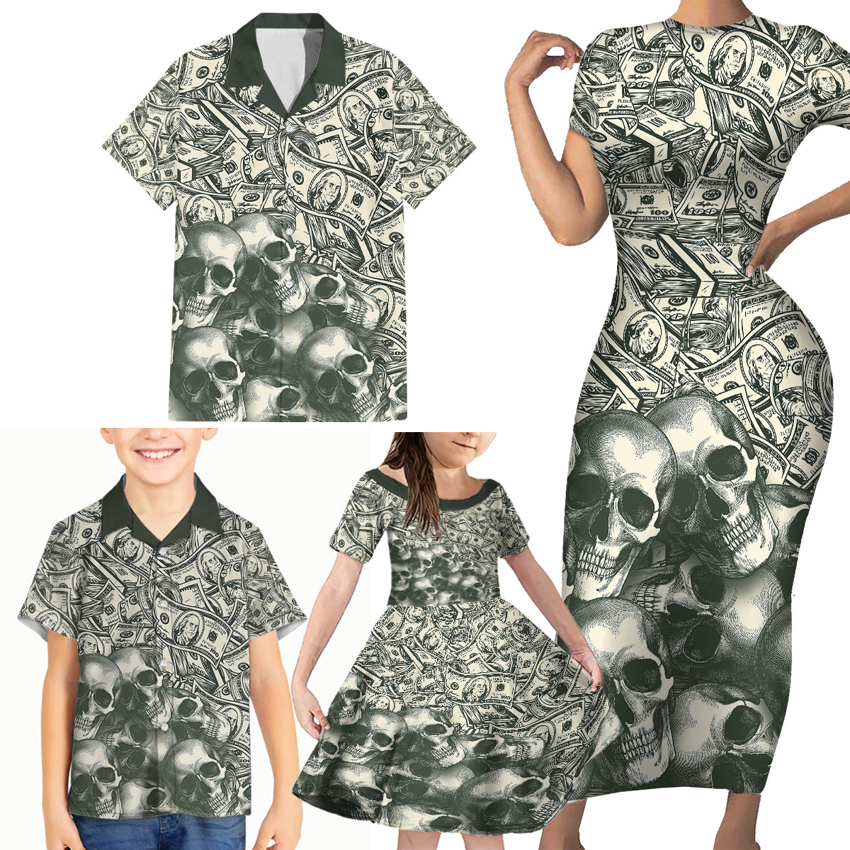 Skull Money Family Matching Short Sleeve Bodycon Dress and Hawaiian Shirt The Money You Make Is A Symbol - Wonder Print Shop