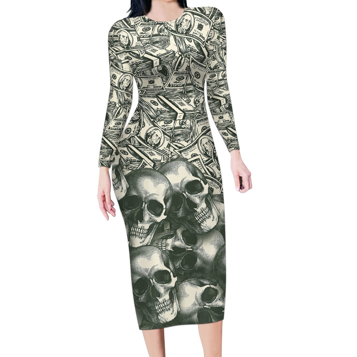 Skull Money Long Sleeve Bodycon Dress The Money You Make Is A Symbol - Wonder Print Shop
