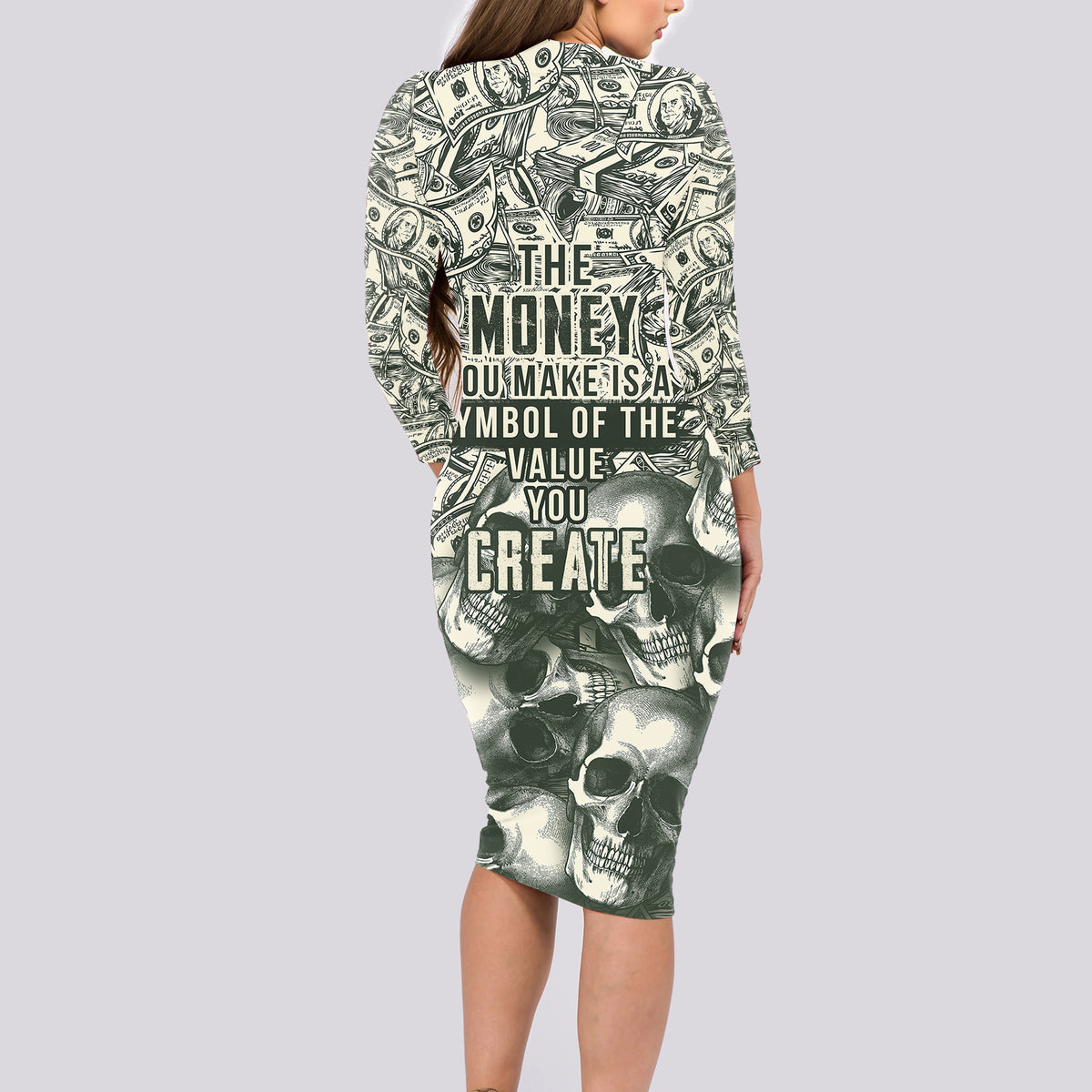 Skull Money Long Sleeve Bodycon Dress The Money You Make Is A Symbol - Wonder Print Shop