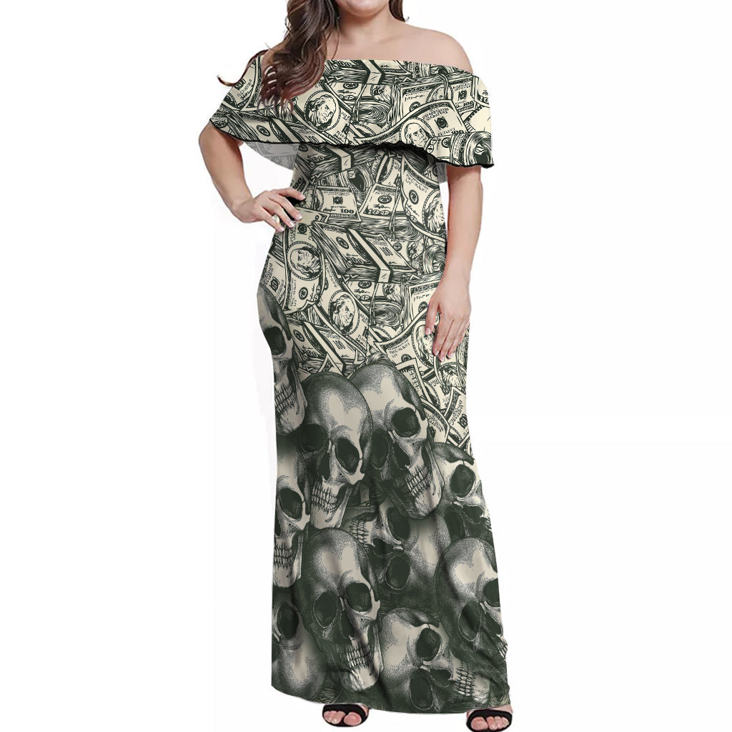 Skull Money Off Shoulder Maxi Dress The Money You Make Is A Symbol - Wonder Print Shop