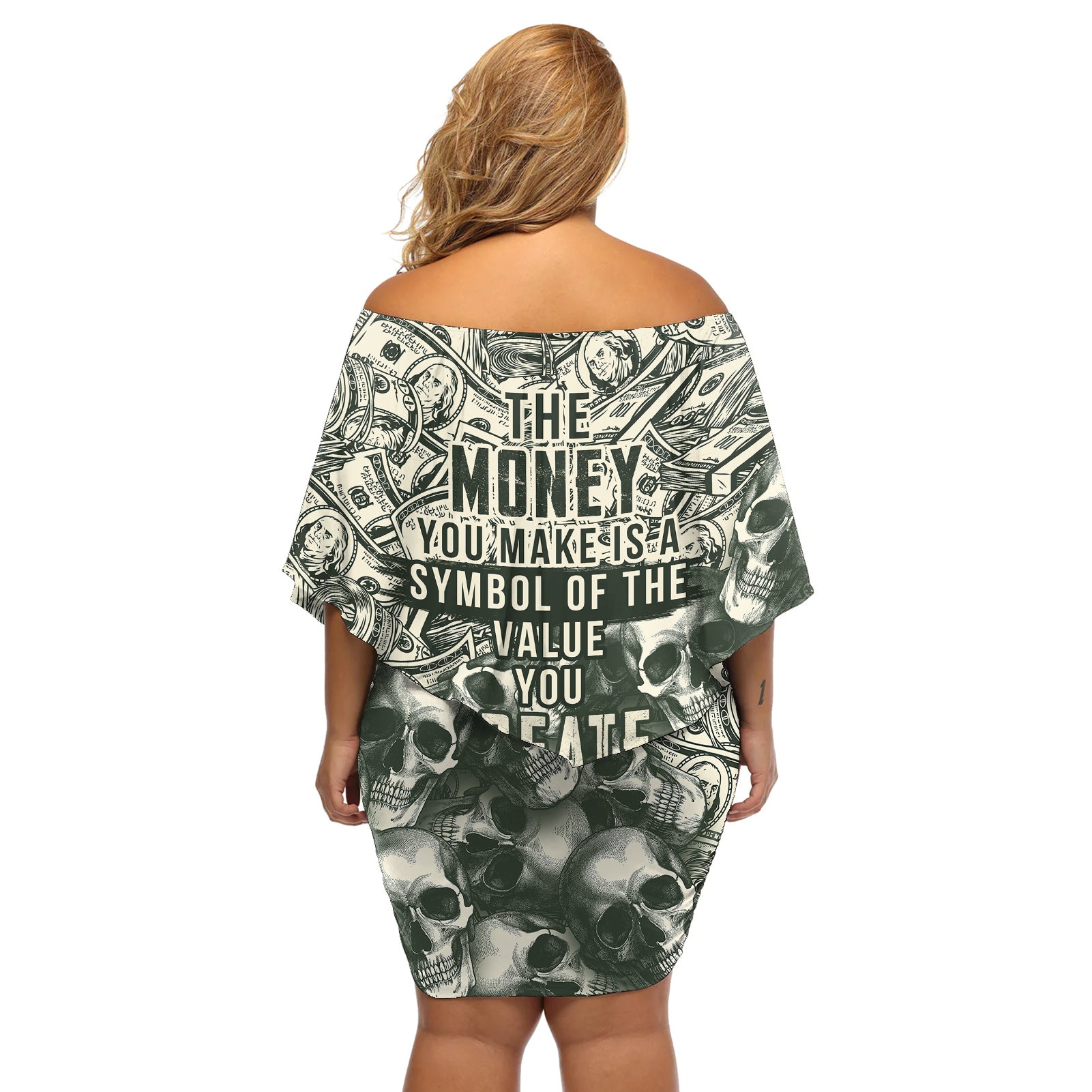Skull Money Off Shoulder Short Dress The Money You Make Is A Symbol - Wonder Print Shop