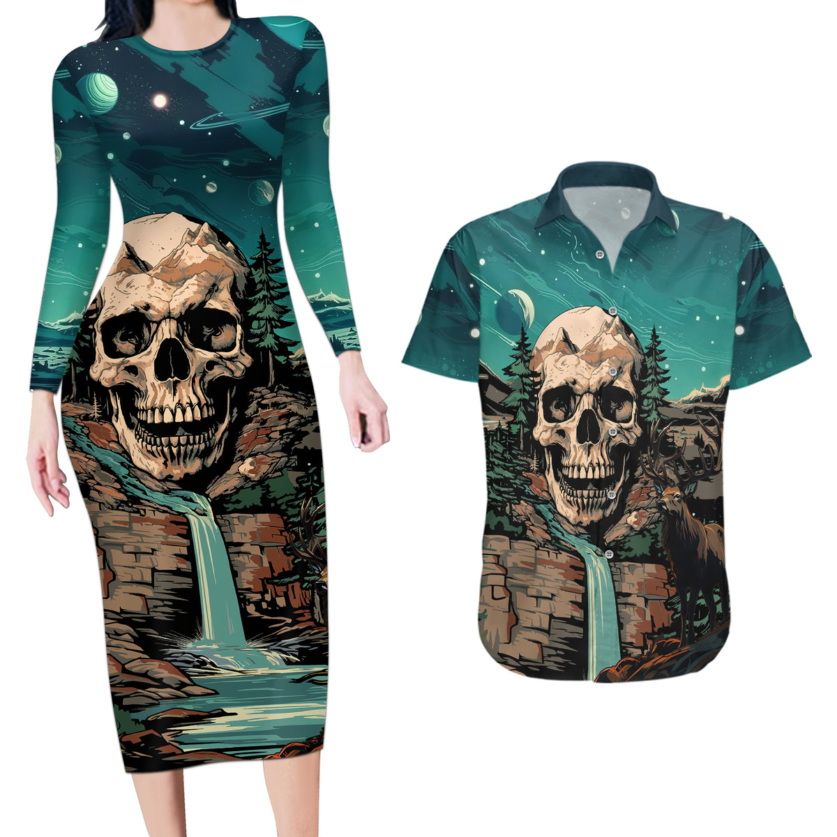 Skull Hunt Couples Matching Long Sleeve Bodycon Dress and Hawaiian Shirt The Best Kine Of Raiser A Hunting - Wonder Print Shop