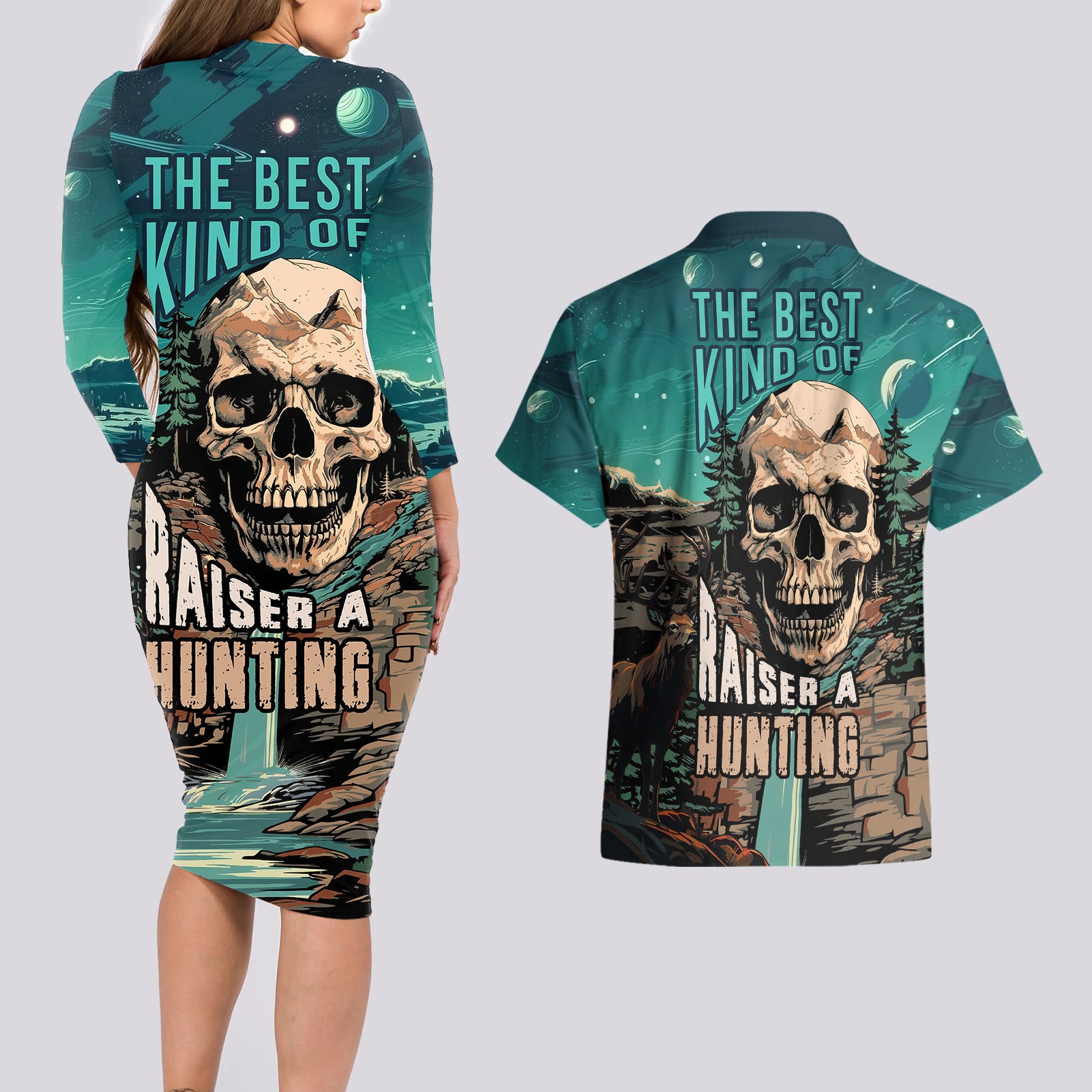 Skull Hunt Couples Matching Long Sleeve Bodycon Dress and Hawaiian Shirt The Best Kine Of Raiser A Hunting - Wonder Print Shop