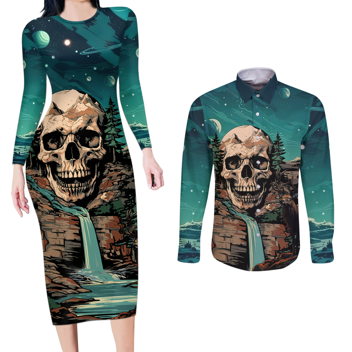 Skull Hunt Couples Matching Long Sleeve Bodycon Dress and Long Sleeve Button Shirts The Best Kine Of Raiser A Hunting - Wonder Print Shop