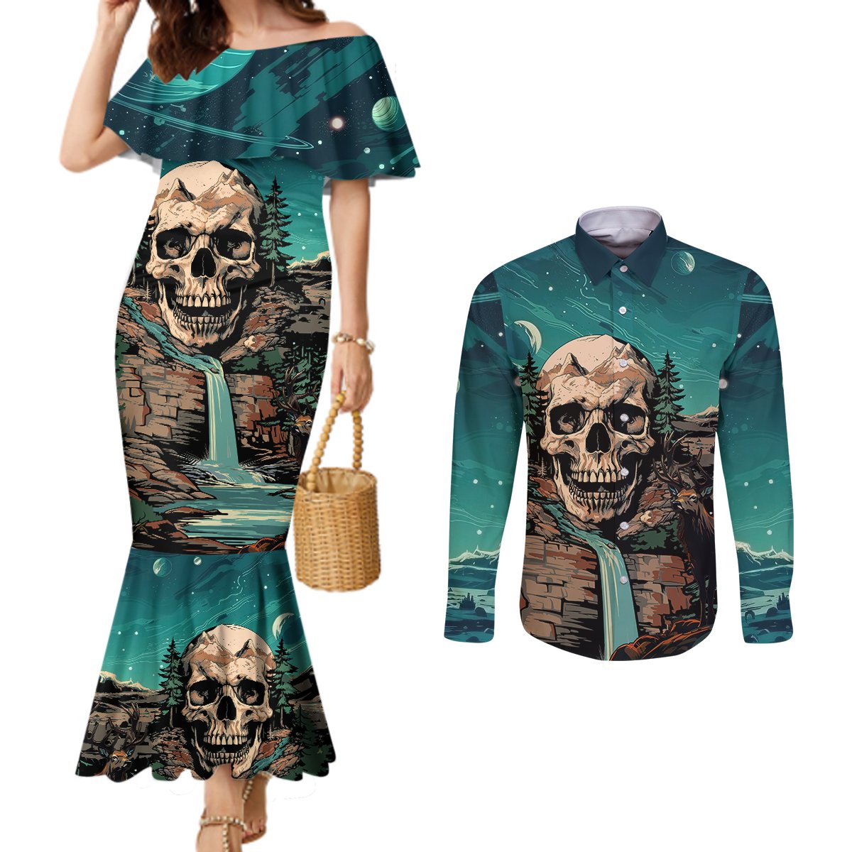 skull-hunt-couples-matching-mermaid-dress-and-long-sleeve-button-shirts-the-best-kine-of-raiser-a-hunting