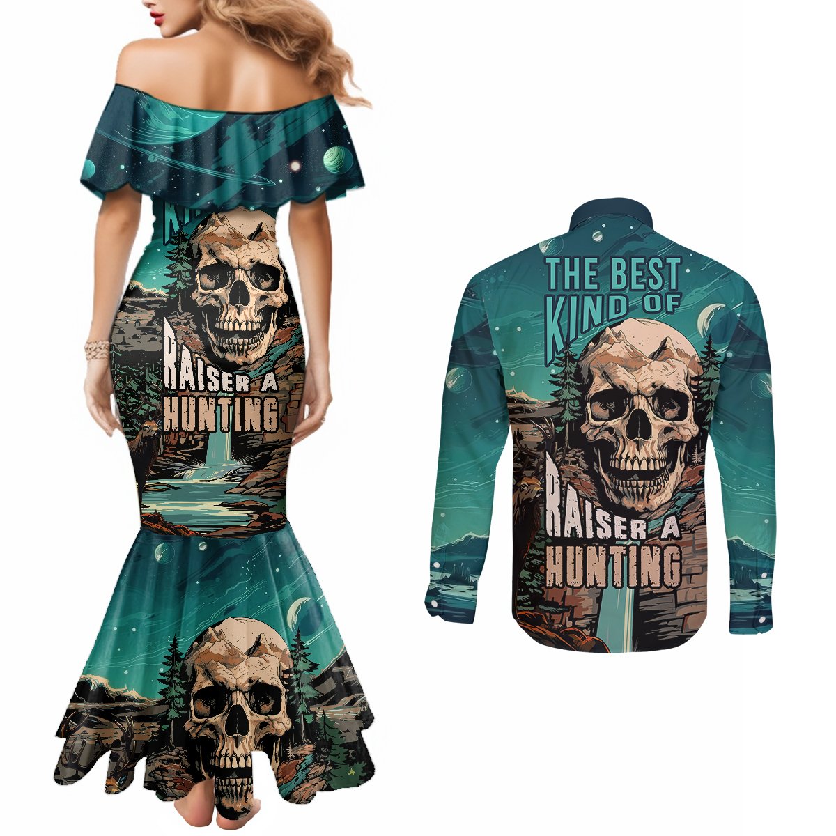skull-hunt-couples-matching-mermaid-dress-and-long-sleeve-button-shirts-the-best-kine-of-raiser-a-hunting