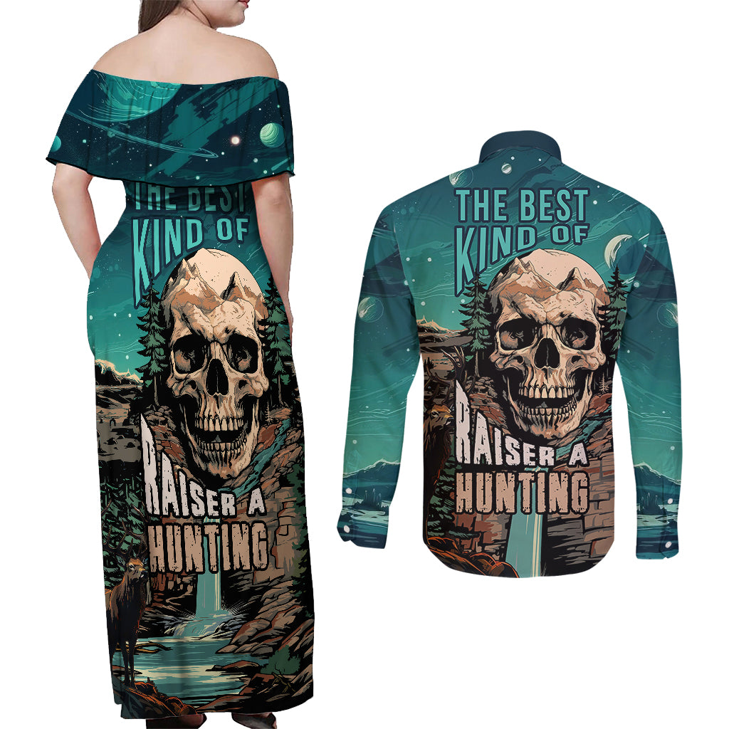 Skull Hunt Couples Matching Off Shoulder Maxi Dress and Long Sleeve Button Shirts The Best Kine Of Raiser A Hunting - Wonder Print Shop