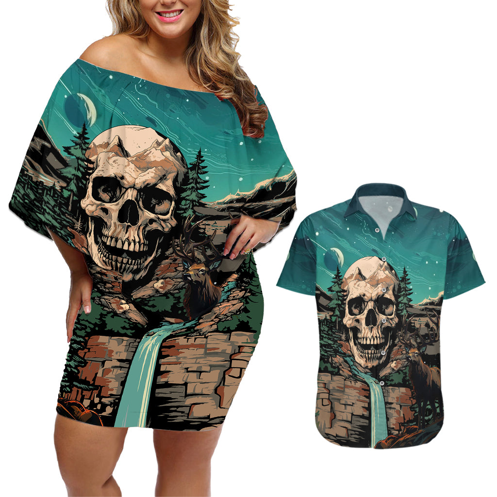 Skull Hunt Couples Matching Off Shoulder Short Dress and Hawaiian Shirt The Best Kine Of Raiser A Hunting - Wonder Print Shop