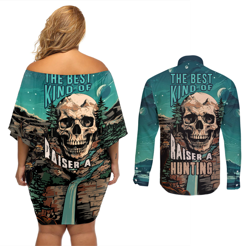 Skull Hunt Couples Matching Off Shoulder Short Dress and Long Sleeve Button Shirts The Best Kine Of Raiser A Hunting - Wonder Print Shop
