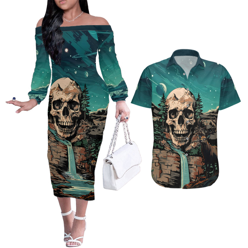Skull Hunt Couples Matching Off The Shoulder Long Sleeve Dress and Hawaiian Shirt The Best Kine Of Raiser A Hunting - Wonder Print Shop